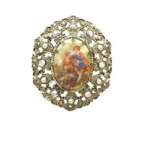 Courting Couple Brooch Gold Tone Oval AB Rhinestone Made In Germany
